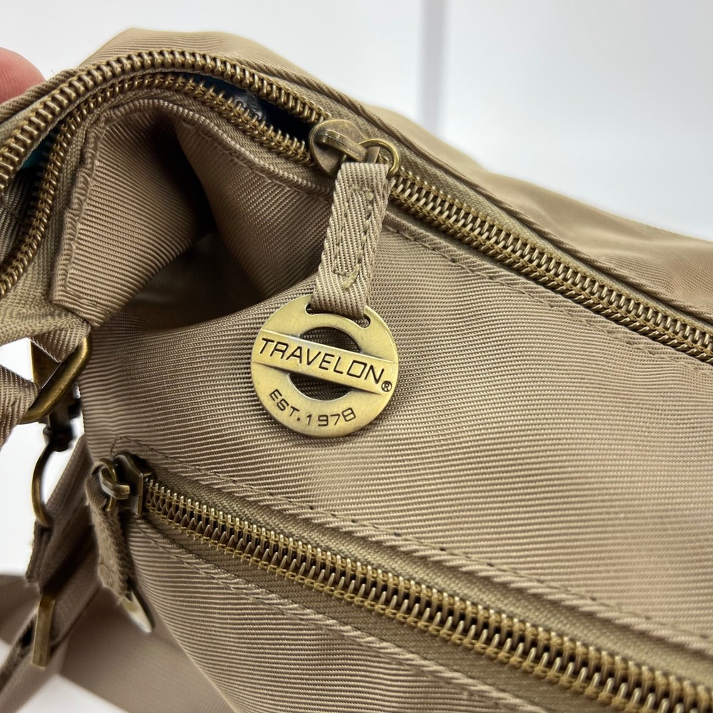 Travelon Anti-Theft Hobo Bag Tan Polyester Turquoise‎ Lining RFID 42911-770 - Picture 5 of 8